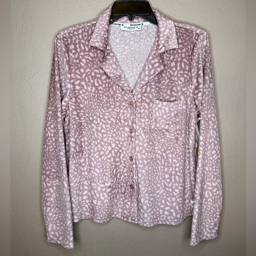 BearPaw Sleepwear Pink & White  Cozy Animal Print Patterned Pajama Top Size Med
